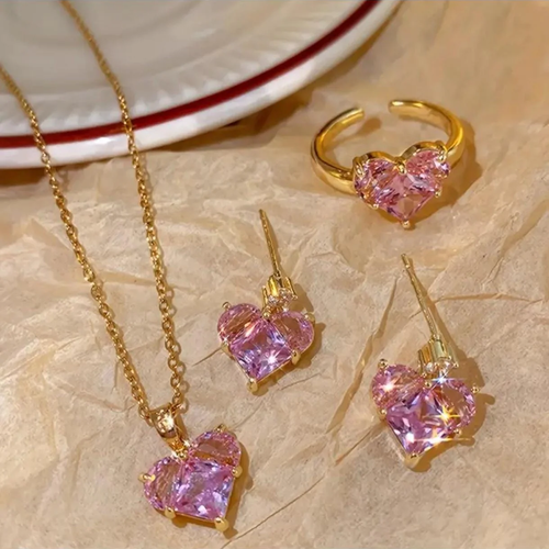 Pink Heart Crystal Gold-Plated Jewelry Set