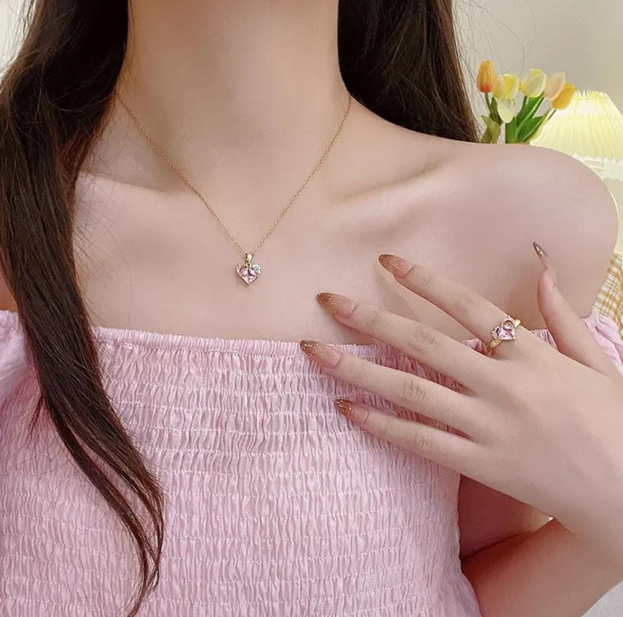 Pink Heart Crystal Gold-Plated Jewelry Set